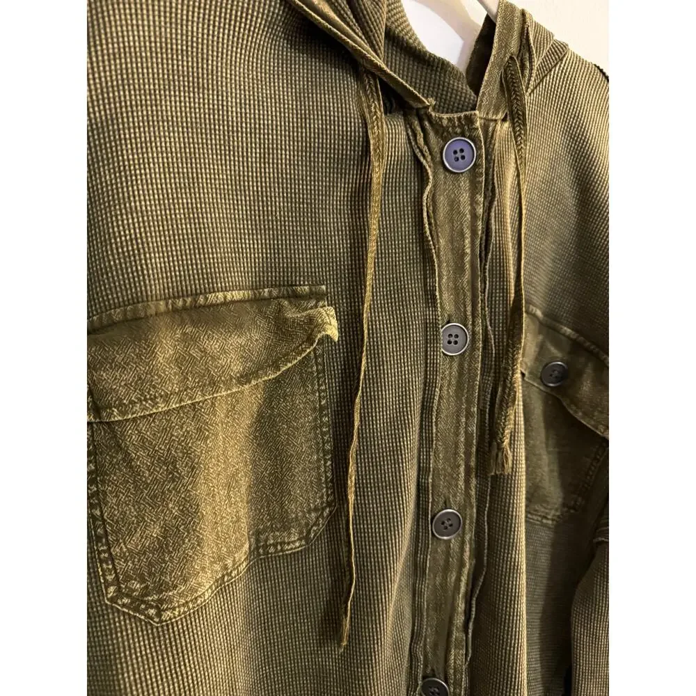 NWOT Easel Sz L Green Mineral Wash Hooded Shacket Waffle Knit mixed Media Grunge - Picture 3 of 8